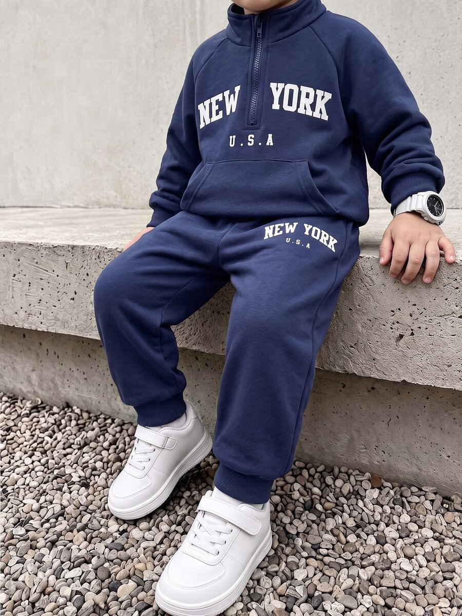 Playful Pals 2pcs Toddler Boy Sweatshirt Joggers Preppy Navy Blue Lettering Print Half Zip Long Sleeve Mock Neck Regular Outdoor Fall Halloween Christmas Athletic - Navy Blue - View 1