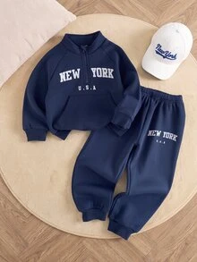 Playful Pals 2pcs Toddler Boy Sweatshirt Joggers Preppy Navy Blue Lettering Print Half Zip Long Sleeve Mock Neck Regular Outdoor Fall Halloween Christmas Athletic - Navy Blue - View 7