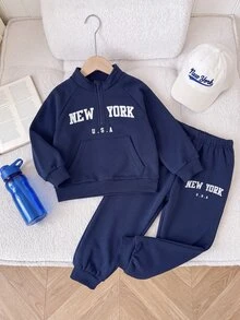 Playful Pals 2pcs Toddler Boy Sweatshirt Joggers Preppy Navy Blue Lettering Print Half Zip Long Sleeve Mock Neck Regular Outdoor Fall Halloween Christmas Athletic - Navy Blue - View 3