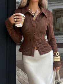 Siren Gaze Women's Solid Color Long Sleeve Single-Breasted Casual Minimalist Basic French Shirt Thanksgiving Office Brunch Chocolate Brown Fall - Coffee Brown - View 5
