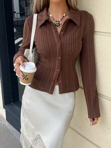 Siren Gaze Women's Solid Color Long Sleeve Single-Breasted Casual Minimalist Basic French Shirt Thanksgiving Office Brunch Chocolate Brown Fall - Coffee Brown - View 4
