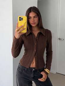 Siren Gaze Women's Solid Color Long Sleeve Single-Breasted Casual Minimalist Basic French Shirt Thanksgiving Office Brunch Chocolate Brown Fall - Coffee Brown - View 1