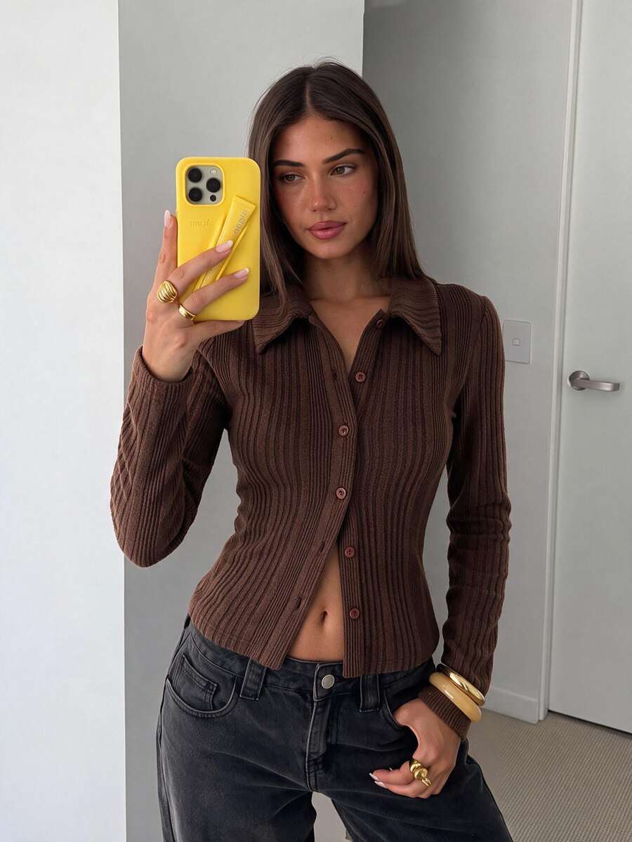 Siren Gaze Women's Solid Color Long Sleeve Single-Breasted Casual Minimalist Basic French Shirt Thanksgiving Office Brunch Chocolate Brown Fall - Coffee Brown - View 1