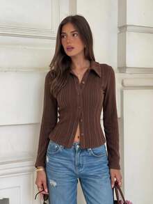 Siren Gaze Women's Solid Color Long Sleeve Single-Breasted Casual Minimalist Basic French Shirt Thanksgiving Office Brunch Chocolate Brown Fall - Coffee Brown - View 2