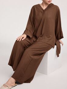 Solavon Plus Size Women Solid Color Side Slit Hem Shirt And Pants Casual 2 Pieces Set - Coffee Brown - View 5