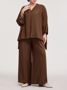 Solavon Plus Size Women Solid Color Side Slit Hem Shirt And Pants Casual 2 Pieces Set - Coffee Brown - View 4