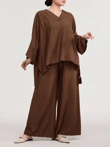 Solavon Plus Size Women Solid Color Side Slit Hem Shirt And Pants Casual 2 Pieces Set - Coffee Brown - View 2