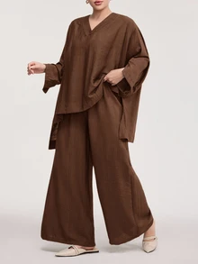 Solavon Plus Size Women Solid Color Side Slit Hem Shirt And Pants Casual 2 Pieces Set - Coffee Brown - View 3