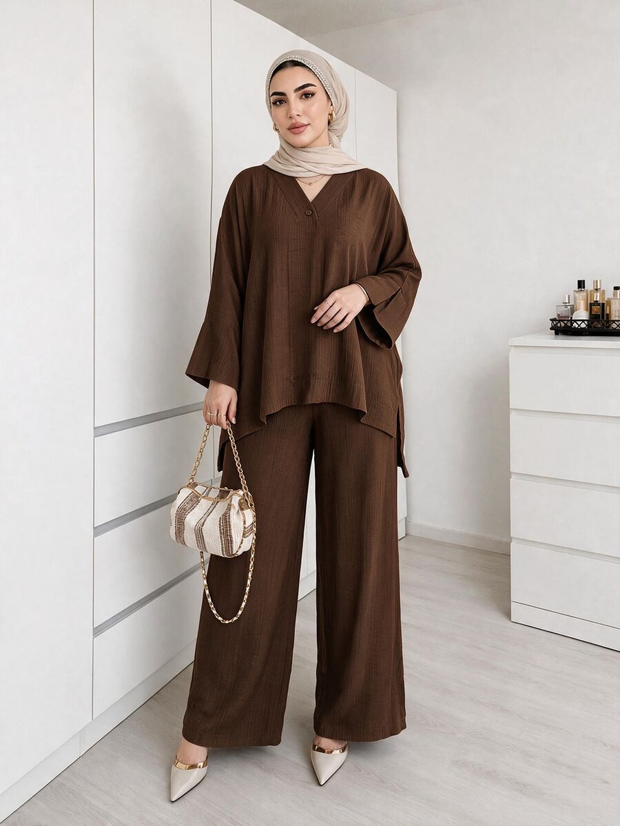 Solavon Plus Size Women Solid Color Side Slit Hem Shirt And Pants Casual 2 Pieces Set - Coffee Brown - View 1