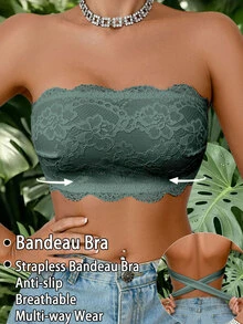 SHEIN 1件女款蕾絲無鋼圈抹胸式內衣 - 軍綠色 - 查看 3