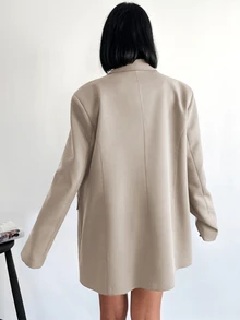 SHEIN Petite Solid Color Loose Double-Breasted Long Sleeve Casual Blazer Jacket - Beige - View 3