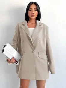 SHEIN Petite Solid Color Loose Double-Breasted Long Sleeve Casual Blazer Jacket - Beige - View 4