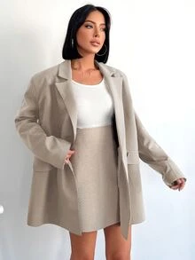SHEIN Petite Solid Color Loose Double-Breasted Long Sleeve Casual Blazer Jacket - Beige - View 5