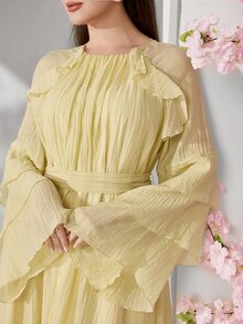 Solavon 大尺碼女款溫柔優雅端莊法式傳統風褶皺紋理荷葉邊收腰洋裝，婚禮派對正式穿著，柔黃色，秋季 - 黃色 - 查看 8