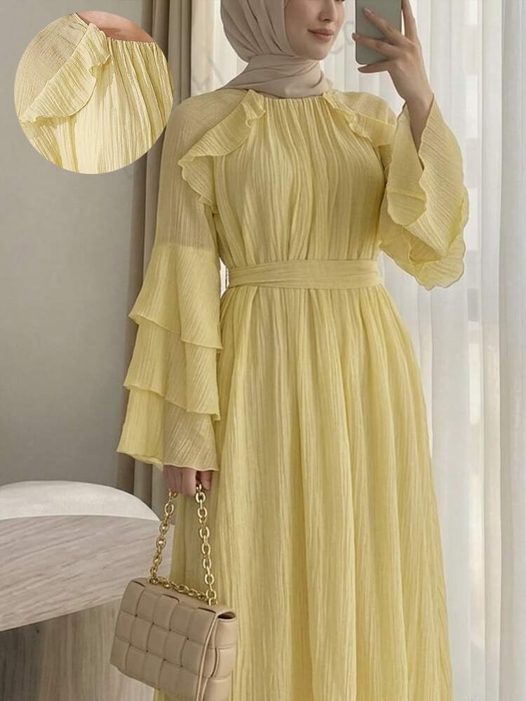 Solavon Plus Size Women's Gentle Elegant Modest Traditional French Style Pleated Textured Ruffle Waist Dress Wedding Party Formal Soft Yellow Autumn - Yellow - View 10
