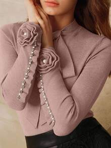 Anewsta Women's Christmas, Elegant Bowknot Embellished Rhinestone 3D Flower Sweater, Pullover, Autumn/Winter, Thanks Giving Dusty Rose Brunch Tea Party - Dusty Pink - View 3