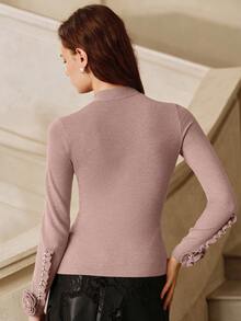 Anewsta Women's Christmas, Elegant Bowknot Embellished Rhinestone 3D Flower Sweater, Pullover, Autumn/Winter, Thanks Giving Dusty Rose Brunch Tea Party - Dusty Pink - View 2