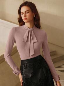 Anewsta Women's Christmas, Elegant Bowknot Embellished Rhinestone 3D Flower Sweater, Pullover, Autumn/Winter, Thanks Giving Dusty Rose Brunch Tea Party - Dusty Pink - View 7