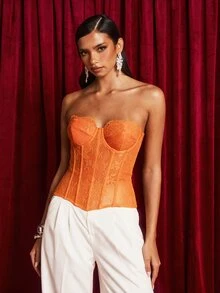 Glamine 女款優雅性感透視蕾絲抹胸上衣，顯身材設計 - 橘色 - 查看 6