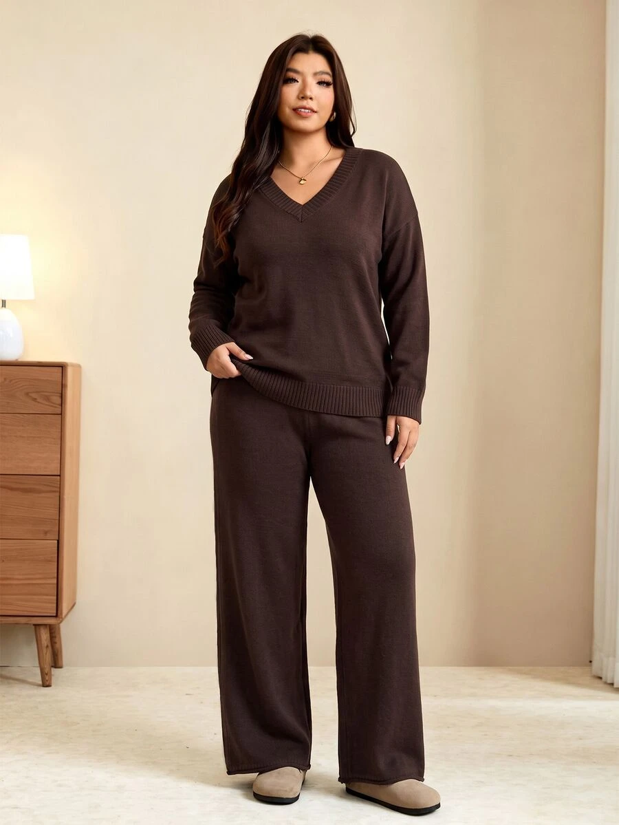 Linhara Plus Size Women Knitted Wool Sweater Loungewear Set, Coffee Color - Apricot - View 1