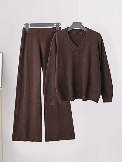 Edennvi Plus Size Women's Brown V-Neck Loose Knit 2 Pieces Set, Lazy Dropped Shoulder Long Sleeve Sweater And High Waist Drape Wide Leg Pants, Soft Skin-Friendly Flattering Slimming Commute Casual Solid Color Knit Outfit