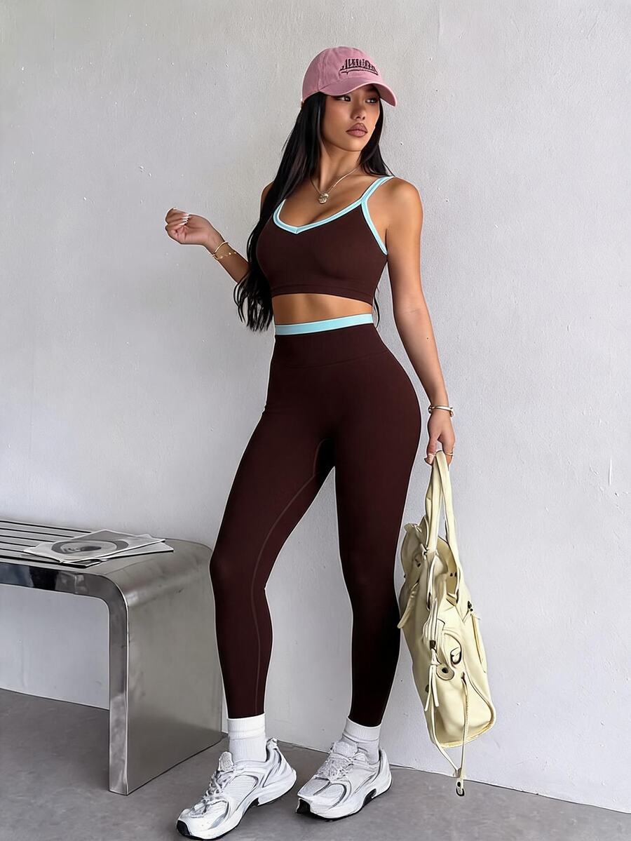 SHEIN Dewbera Women's Seamless Coffee Color Sports Set Tank Top & Shorts - Coffee Brown - View 1