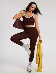 SHEIN Dewbera Women's Seamless Coffee Color Sports Set Tank Top & Shorts - Coffee Brown - View 6