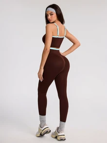 SHEIN Dewbera Women's Seamless Coffee Color Sports Set Tank Top & Shorts - Coffee Brown - View 2