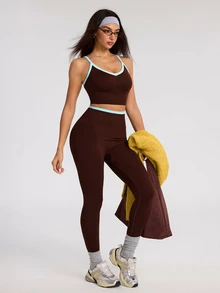 SHEIN Dewbera Women's Seamless Coffee Color Sports Set Tank Top & Shorts - Coffee Brown - View 3