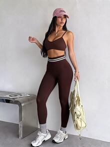 SHEIN Dewbera Women's Seamless Brown Sports Set Camisole Top & 9/10 Length Leggings - Coffee Brown - View 1