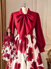 Rometta Plus Size Long Sleeve Patchwork Elegant Dress - Burgundy - View 3