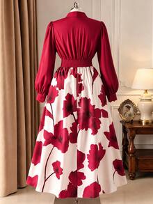 Rometta Plus Size Long Sleeve Patchwork Elegant Dress - Burgundy - View 2