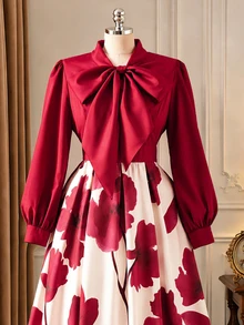 Rometta Plus Size Long Sleeve Patchwork Elegant Dress - Burgundy - View 4