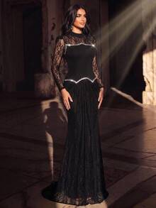 Serin Elegant Luxurious Beaded Diamond Sequin Colorblock Contrast Lace Elastic Knit Sheer Sleeve Ruched Mermaid Skirt For Wedding Bachelorette Party - Black - View 4