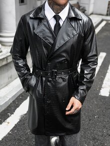 Manfinity Homme 男士前開鈕扣長袖口袋極簡休閒風衣，戶外PU風衣，適合送給朋友或丈夫的禮物 - 黑色 - 查看 3