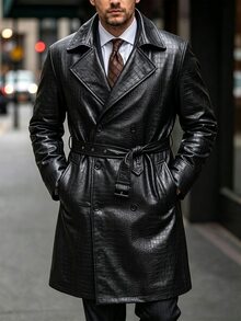 Manfinity Homme 男士前開鈕扣長袖口袋極簡休閒風衣，戶外PU風衣，適合送給朋友或丈夫的禮物 - 黑色 - 查看 7