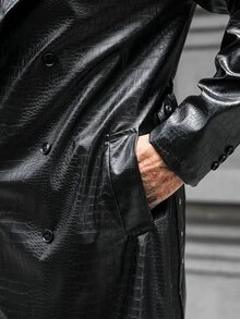 Manfinity Homme 男士前開鈕扣長袖口袋極簡休閒風衣，戶外PU風衣，適合送給朋友或丈夫的禮物 - 黑色 - 查看 4