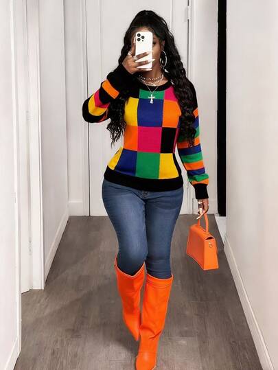 BamGleam Women's Crew Neck Long Sleeve Colorful Plaid Striped Casual Knit Sweater
