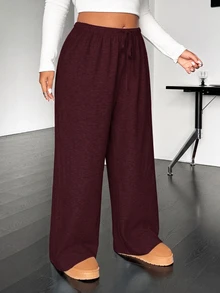 SHEIN EZwear Plus size avslappnade mjuka stickade byxor med dragsko i midjan, lösa raka ben, grå, för höst, gym och formella tillfällen - Bourgogne - Visa 5