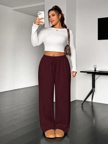 SHEIN EZwear Plus size avslappnade mjuka stickade byxor med dragsko i midjan, lösa raka ben, grå, för höst, gym och formella tillfällen - Bourgogne - Visa 3