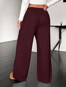 SHEIN EZwear Plus size avslappnade mjuka stickade byxor med dragsko i midjan, lösa raka ben, grå, för höst, gym och formella tillfällen - Bourgogne - Visa 2