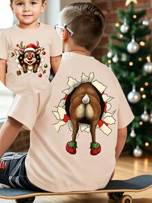 Young Boys Nuea Movda Creative Fun Christmas Hat Deer Double-Sided Print Short Sleeve T-Shirt, Suitable For Vacation Birthday Beach Pink Summer - Apricot - View 3