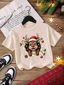 Young Boys Nuea Movda Creative Fun Christmas Hat Deer Double-Sided Print Short Sleeve T-Shirt, Suitable For Vacation Birthday Beach Pink Summer - Apricot - View 4