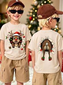 Young Boys Nuea Movda Creative Fun Christmas Hat Deer Double-Sided Print Short Sleeve T-Shirt, Suitable For Vacation Birthday Beach Pink Summer - Apricot - View 1