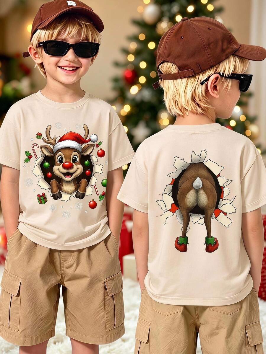 Young Boys Nuea Movda Creative Fun Christmas Hat Deer Double-Sided Print Short Sleeve T-Shirt, Suitable For Vacation Birthday Beach Pink Summer - Apricot - View 1