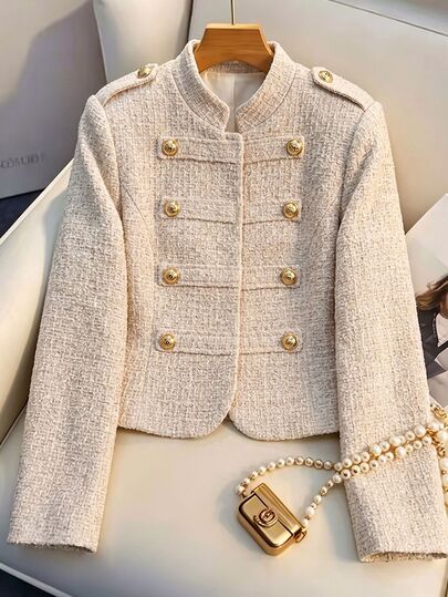 SHEIN Beige French Vintage Preppy Office Everyday Elegant Multi-Button Shoulder Detail Slim-Fit Stand Collar Long Sleeve Tweed Women's Cropped Jacket Autumn