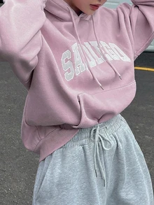 Dazy Plus Korean Style Letter Embroidery Loose Hooded Sweatshirt, Pink, Fall Hoodies Homewear Party Silver Casual Streetwear - Pink - View 1