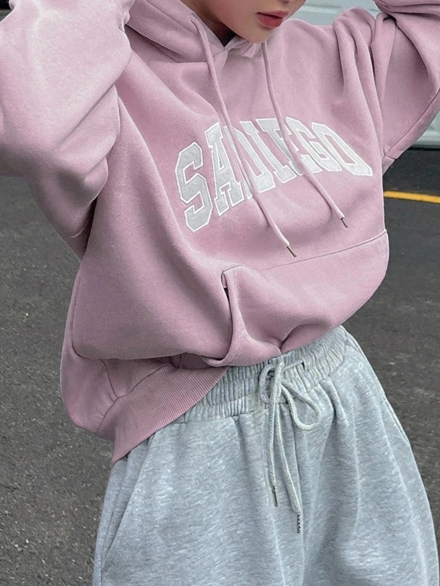 Dazy Plus Korean Style Letter Embroidery Loose Hooded Sweatshirt, Pink, Fall Hoodies Homewear Party Silver Casual Streetwear - Pink - View 1