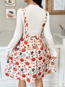 SHEIN Thanksgiving Maternity Solid Color Long Sleeve T-Shirt Pumpkin Print Strap Dress Casual Cute 2 Pieces Set Autumn Formal Photoshoot White Beige - Black - View 4