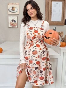 SHEIN Thanksgiving Maternity Solid Color Long Sleeve T-Shirt Pumpkin Print Strap Dress Casual Cute 2 Pieces Set Autumn Formal Photoshoot White Beige - Black - View 1